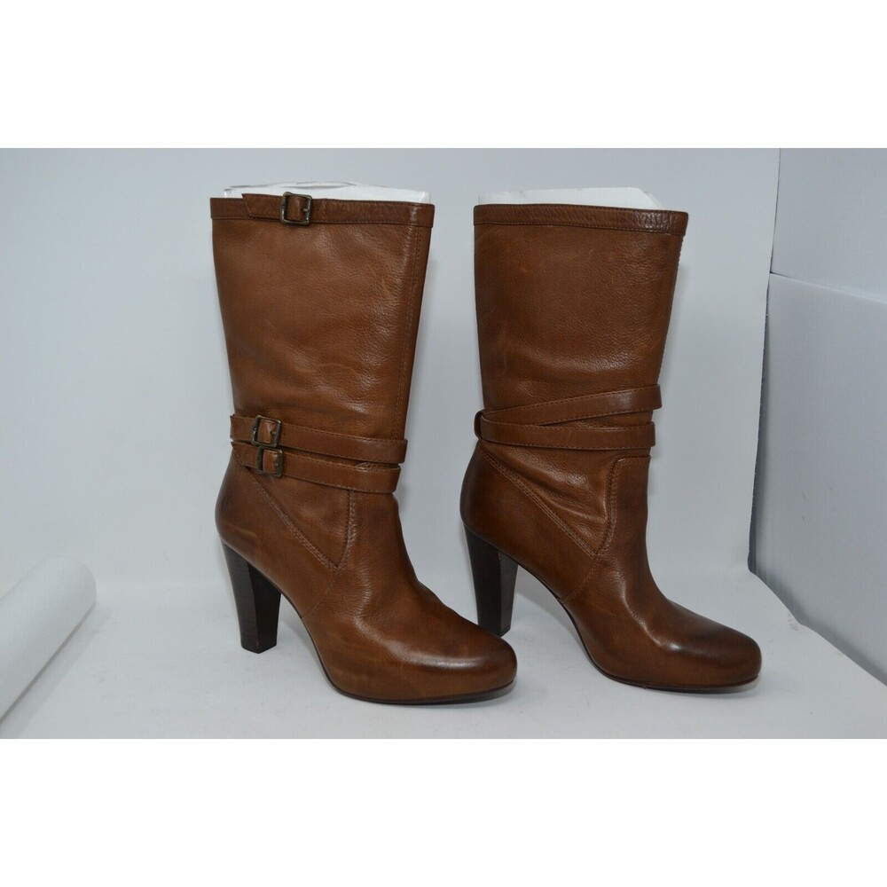 Frye 3476124‎ Marissa Slouch Heel Boots Size 8.5 M Brown leather Buckle Mid Calf
